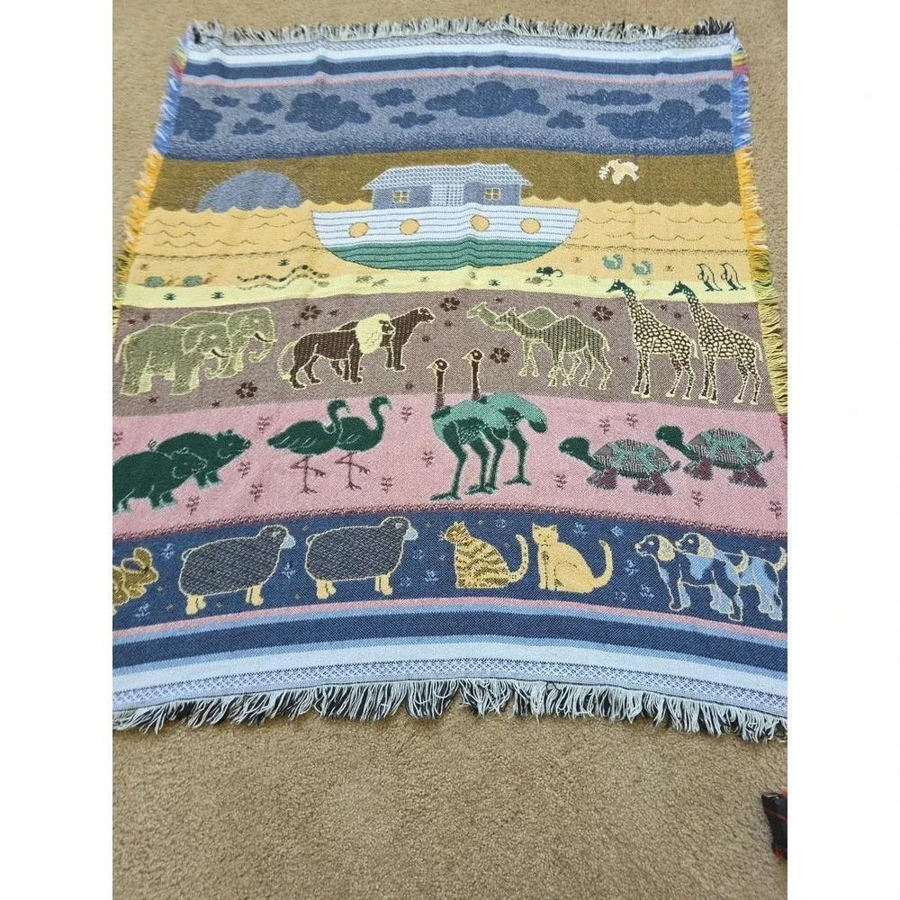Vtg Noah's Ark Friends Tapestry Woven Throw Blanket American Weavers Fringed 50